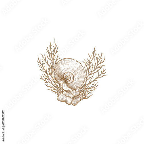 Vintage hand-drawn botanical style illustration of a spiral nautilus seashell resting against a delicate branch of coral