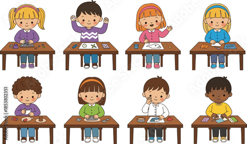 Diverse Group of School Children Sitting at Desks Doing Creative Arts and Crafts Activities like Drawing Painting and Clay Modeling