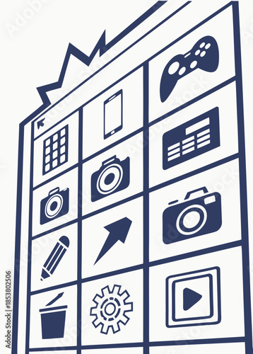 Digital Services Grid: Mobile Apps, Technology Functions, and Interface Icons Concept
