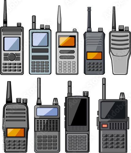 Collection of various two way radios featuring different designs, antennas, and screens, representing portable communication technology essential for emergency services and professional use