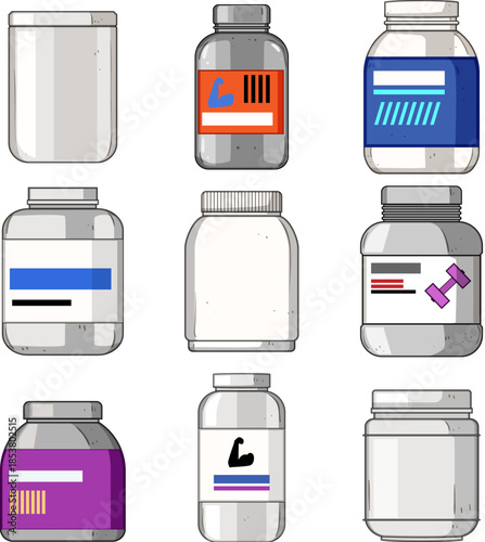Collection of various gray and white jars with labels featuring fitness icons, symbolizing dietary supplements, muscle building, and a healthy lifestyle for exercise and wellness