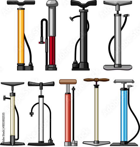 Floor pumps and hand pumps forming a diverse collection of airing tools for bike tires, showing various shapes, colors, and styles designed for inflating wheels and sports equipment