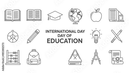 International Day of Education Icons: Books, Globe, Apple, Graduation Cap, Pencil, Lightbulb