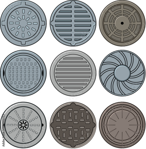 Collection of round metal manhole covers and storm drain grates for water drainage and subterranean utility access, illustrating diverse patterns for urban street use