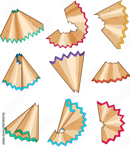 Scattered vibrant pencil shavings demonstrating the waste from sharpening an artist's drawing tool, suitable for school, education, or creative design elements