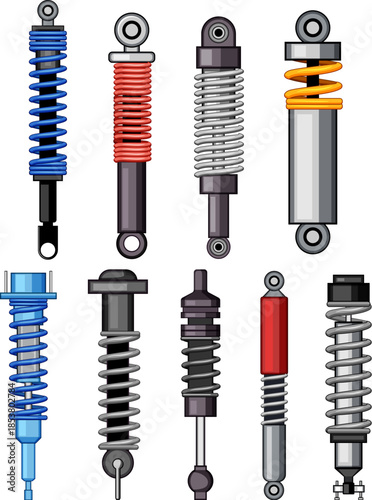 Various types of shock absorbers and spring coil assemblies representing vehicle suspension components, providing damping and comfort for different automotive applications and engineering needs