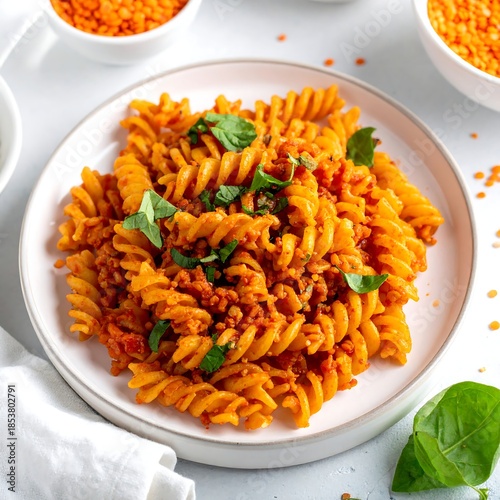 Plate of fusilli pasta coated in a reddish-orange sauce, garnished with herbs and accompanied by lentils