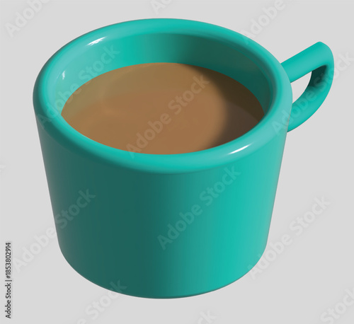 3D teal coffee cup filled with hot milk tea, realistic ceramic mug render, minimal modern style, cozy beverage concept, isolated background, high quality product visualization for branding, mockup, ad