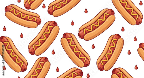 Seamless Vector Pattern of Hot Dogs with Mustard and Red Ketchup Drops on White Background