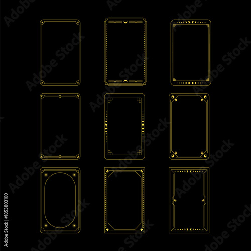 Nine vertical golden line art style frames on a black background, featuring intricate borders with celestial accents like moons and stars, ideal for mystical and occult themes