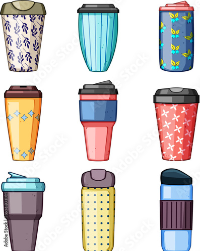 Grouping of colorful travel mugs and insulated tumblers in various modern styles and patterns, perfect for hot drinks, daily eco friendly use, office, outdoor, and travel