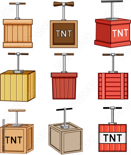 Cartoon detonator plungers and boxes in various styles, icons and vectors illustrating explosion triggers, demolition, danger, emergency and security concepts on white background