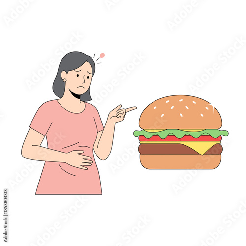 Woman feeling discomfort while pointing at hamburger  