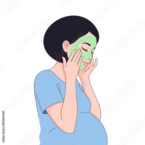 Pregnant woman applying green facial mask while relaxing at home  