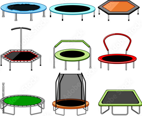 Variety of trampolines and rebounders for exercise, home gym and recreation mini trampolines, rebounders with handles and nets for fitness, play and training activities