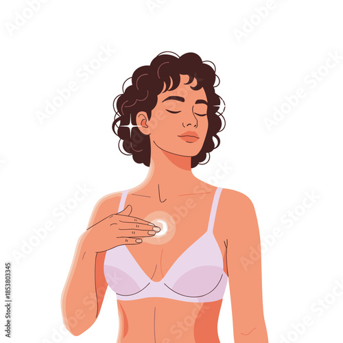 Woman applying moisturizer to chest with closed eyes in relaxation  