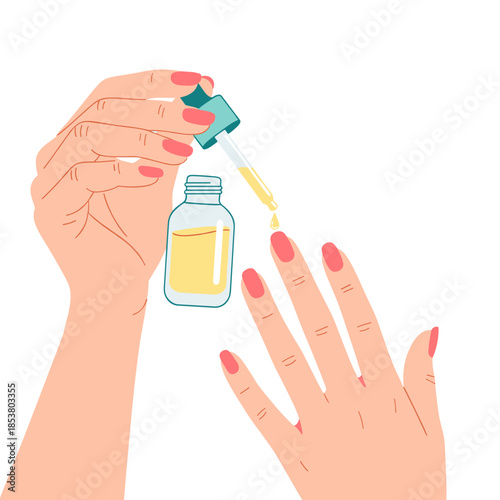 Woman applying cuticle oil to fingers with dropper in minimalist style  