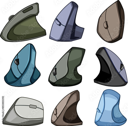 Ergonomic vertical computer mouse collection on a white background, presenting various designs and colors for promoting wrist health and comfort during computer use