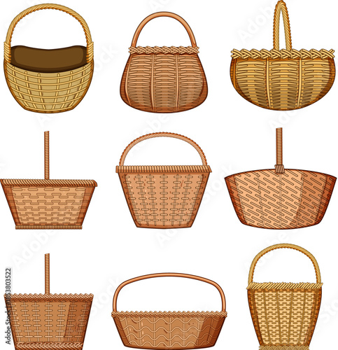 Diverse collection of hand drawn woven wicker baskets featuring various shapes, sizes, and handle designs, useful for concepts like craft, storage, and natural materials