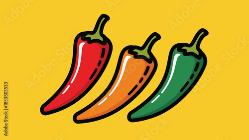 Colorful Chili Peppers Illustration on Yellow Background - Spicy Flavor Vector Art