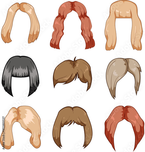 Collection of various colorful cartoon wigs and hairpieces, presenting different cuts, lengths, and colors for character design, fashion illustration, and beauty concepts