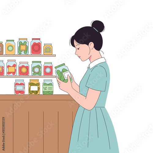 Young woman reading food label at market while standing indoors  