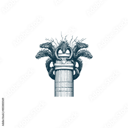 Vintage hand drawn illustration of a legendary multi-headed hydra serpent coiled around an ancient Greek architectural column with lightning strikes.