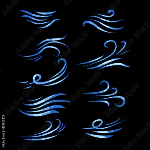 Abstract blue lines creating dynamic wind gusts and air currents, representing flow, movement, and weather elements as graphic design shapes on a dark background