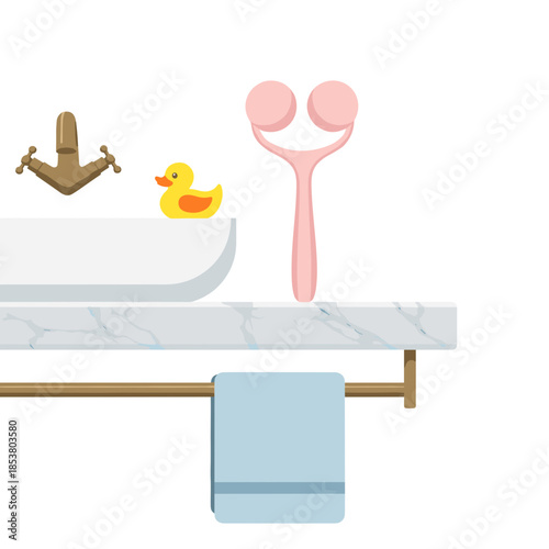 Face massager and rubber duck on marble bathroom countertop  