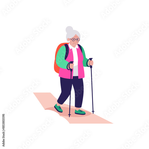 Elderly woman hiking with walking poles and a backpack on trail  