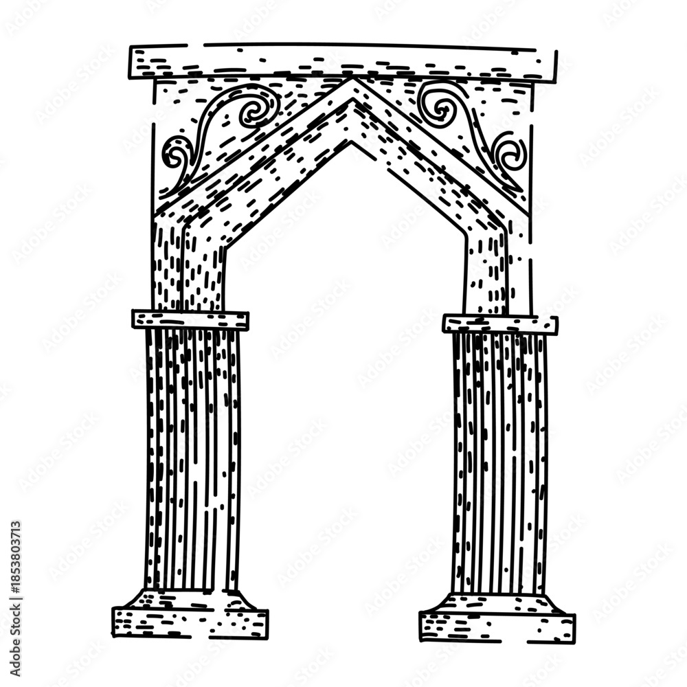 Naklejka premium Ancient architectural archway with classical columns and decorative details, hand drawn sketch style with rough textures on a white background, ideal as a vintage gateway concept