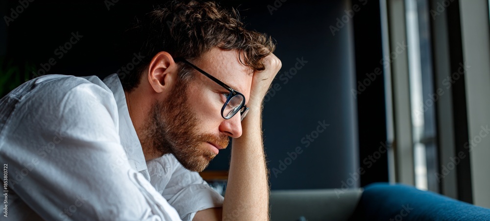 Fototapeta premium Man sitting at desk with laptop, hand on face, looking contemplative or sad.