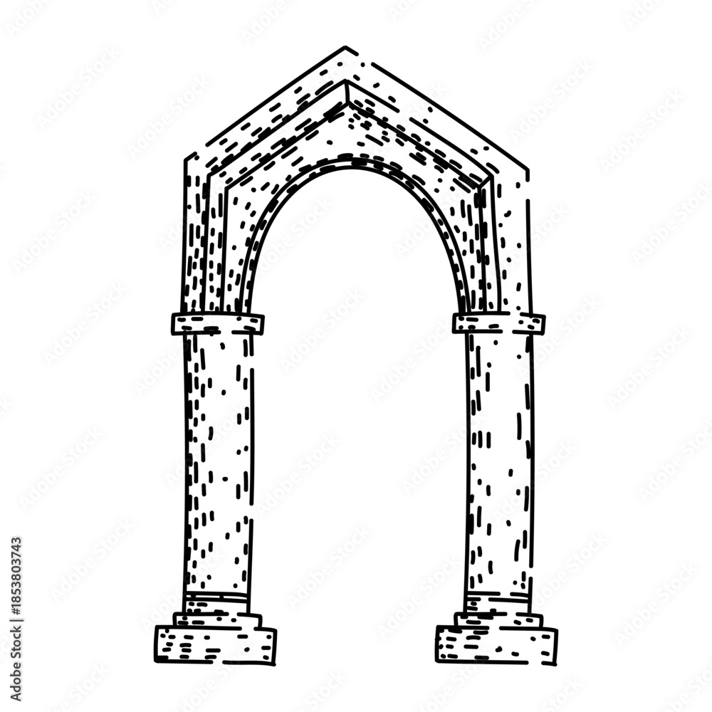 Naklejka premium Ancient archway structure illustrating a stylized entrance or portal, conveying concepts of history, ancient times, architecture, and a gateway to past eras, presented in a line art doodle style