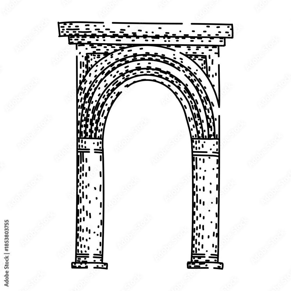 Naklejka premium Hand drawn line art illustration portraying a classic stone archway structure, symbolizing historical architecture, ancient civilization, and cultural heritage