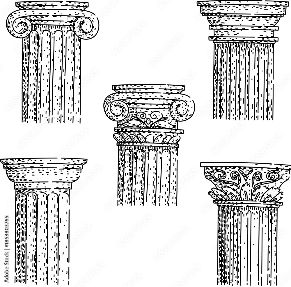 Naklejka premium Set of classical column orders featuring doric, ionic, and corinthian capitals with fluted shafts, depicting historical architectural elements and decorative forms