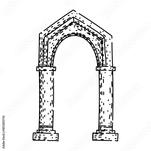 Ancient archway structure illustrating a stylized entrance or portal, conveying concepts of history, ancient times, architecture, and a gateway to past eras, presented in a line art doodle style