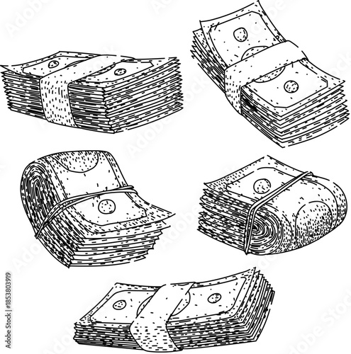 Hand drawn stacks and rolls of banknotes representing wealth, economy, and financial transactions, showing business, income, and payment concepts in an engraving style