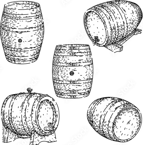 Collection of hand drawn wood barrels in various positions for storing and dispensing alcoholic beverages, showcasing the traditional process of fermentation and maturation in natural containers