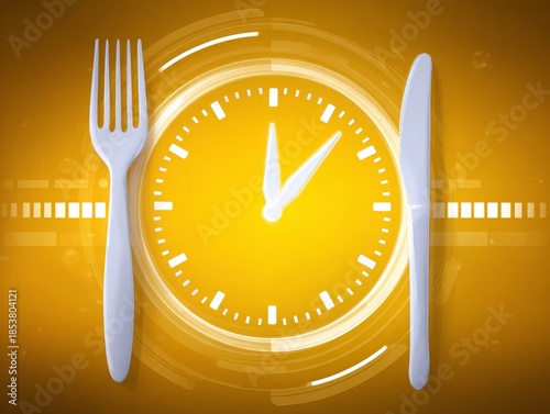 Eating time concept with fork knife and clock
