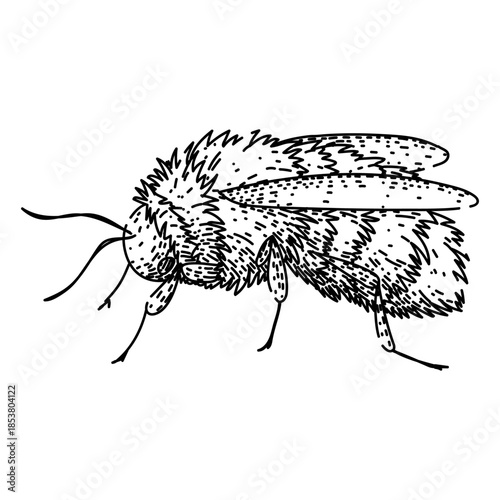 Bumblebee insect hand drawn line art illustration on a white background, featuring a fluffy pollinator with wings and antennas, representing nature and wildlife