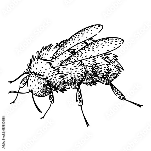 Hairy bumblebee sketch with detailed wings, legs and antennae, hand drawn line art showing pollination and nature in a simple black and white isolated illustration