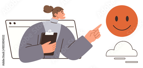Woman with clipboard emerging from webpage frame gestures toward happy face. Ideal for motivation, productivity, optimism, education, digital engagement, emotional health, social communication
