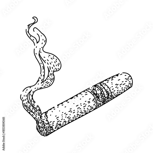 Vintage hand drawn sketch of a lit cigar releasing a wavy plume of smoke, engraved style line art evoking leisure, luxury, old fashioned sophistication and relaxation