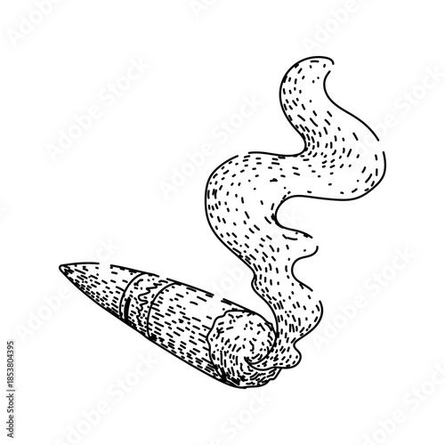 Cigar hand drawn with black lines and speckled texture emitting rising smoke, depicting tobacco consumption and classic habits in a simple graphic style