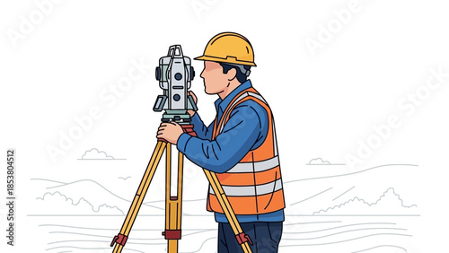Surveyor Using Level Instrument on Tripod in Outdoor Construction Field for Precise Measurement.