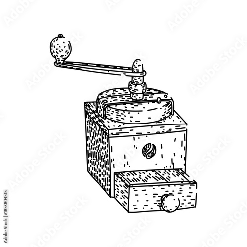 Retro style hand drawing featuring a vintage manual coffee grinder with a crank handle and a small drawer, symbolizing traditional coffee preparation and freshness for morning rituals