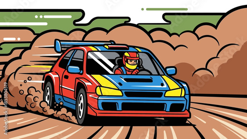 Cartoon rally car speeding through a dusty dirt track during an offroad race.