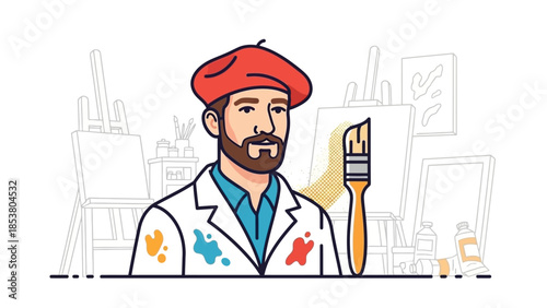 Cartoon Painter in a Bright Studio Holding a Palette and Brush.