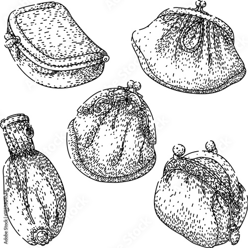 Variety of old fashioned money pouches with decorative clasps, hand drawn in an engraving style, representing finance, savings, and historical fashion accessories on a white background