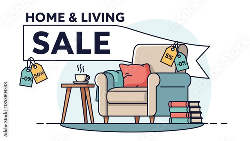 Interior Living Room Sale Illustration featuring sofa, lamp, books, and cozy decor banner.